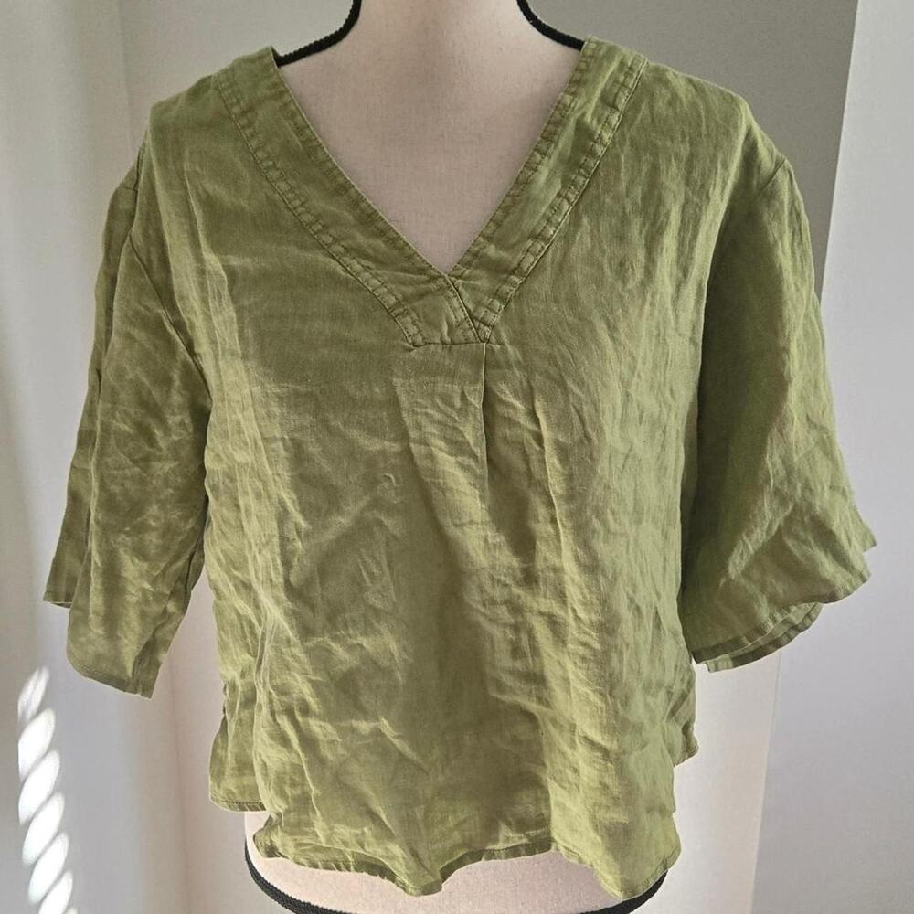 pilcro anthropologie green linen short sleeve top blouse small